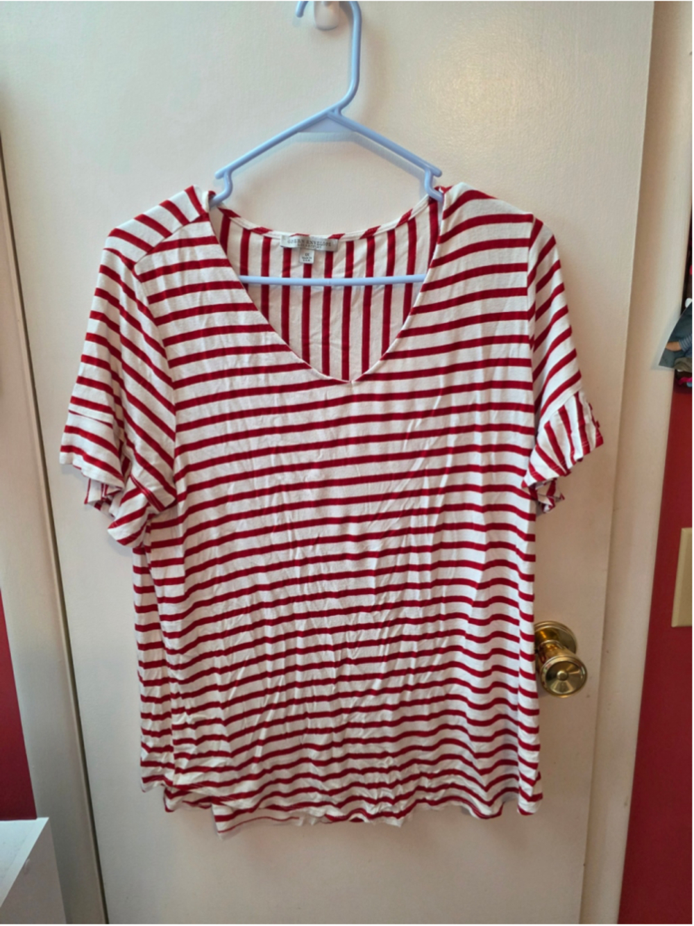 Women's Green Envelope Striped Short Sleeve Tee, White/Red, Size 1X